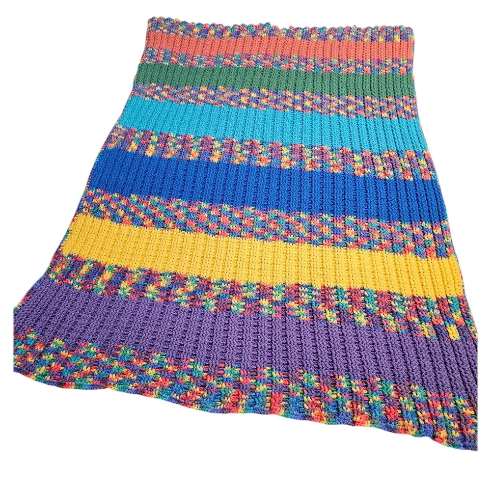 Handmade Crochet Striped‎ Rainbow Throw Blanket Ribbed Multicolor Afghan Boho